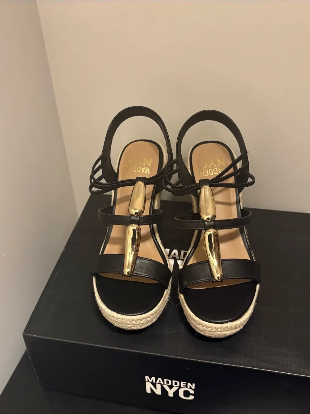 NYC Madden Black Wedge Sandals with Gold Accents - Women